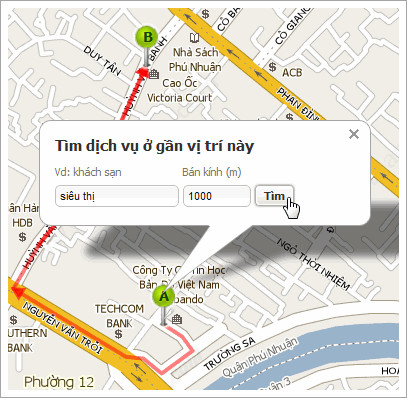 Bảng nhập tên dịch vụ và bán kính tìm kiếm xung quanh lộ trình di chuyển