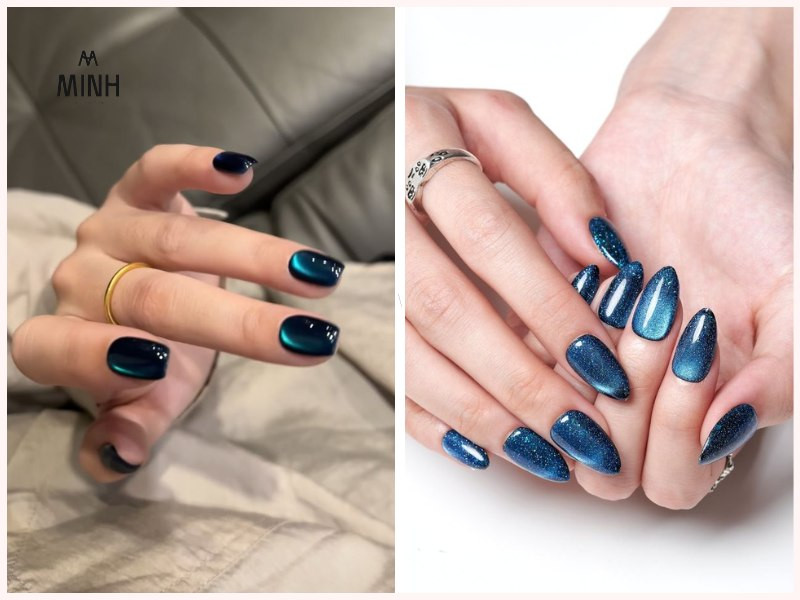 Thiết kế nail mắt mèo xanh dương đậm với ánh sáng tạo chiều sâu nổi bật