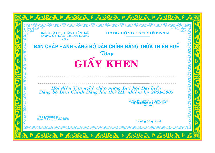 Mẫu giấy khen trang trọng cho Đảng bộ