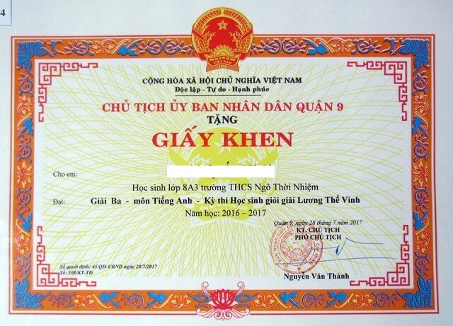 Mẫu Giấy khen học sinh giỏi cấp thành phố cho học sinh tham gia kỳ thi