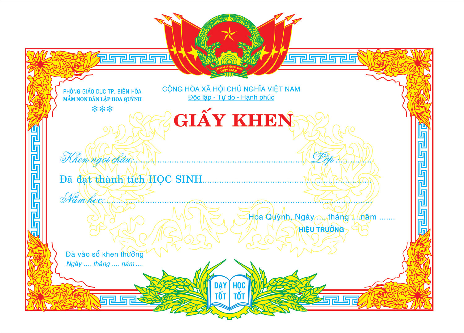 Mẫu giấy khen cho trường học