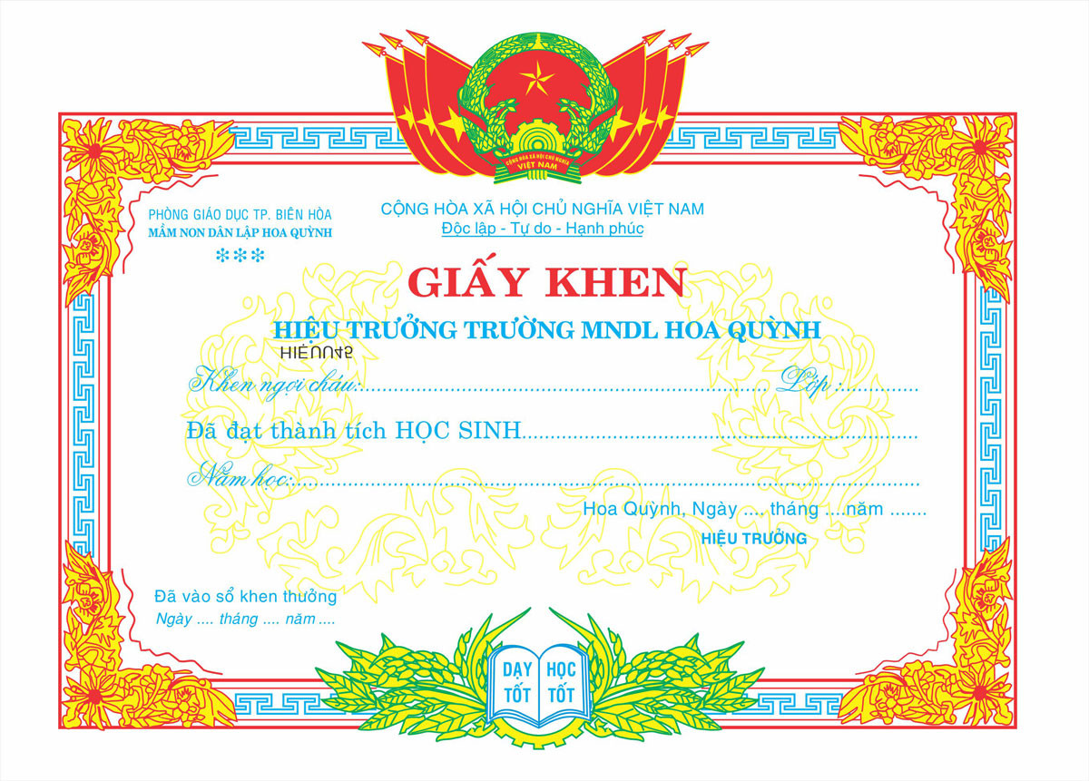 Giấy khen trao thưởng cho học sinh xuất sắc