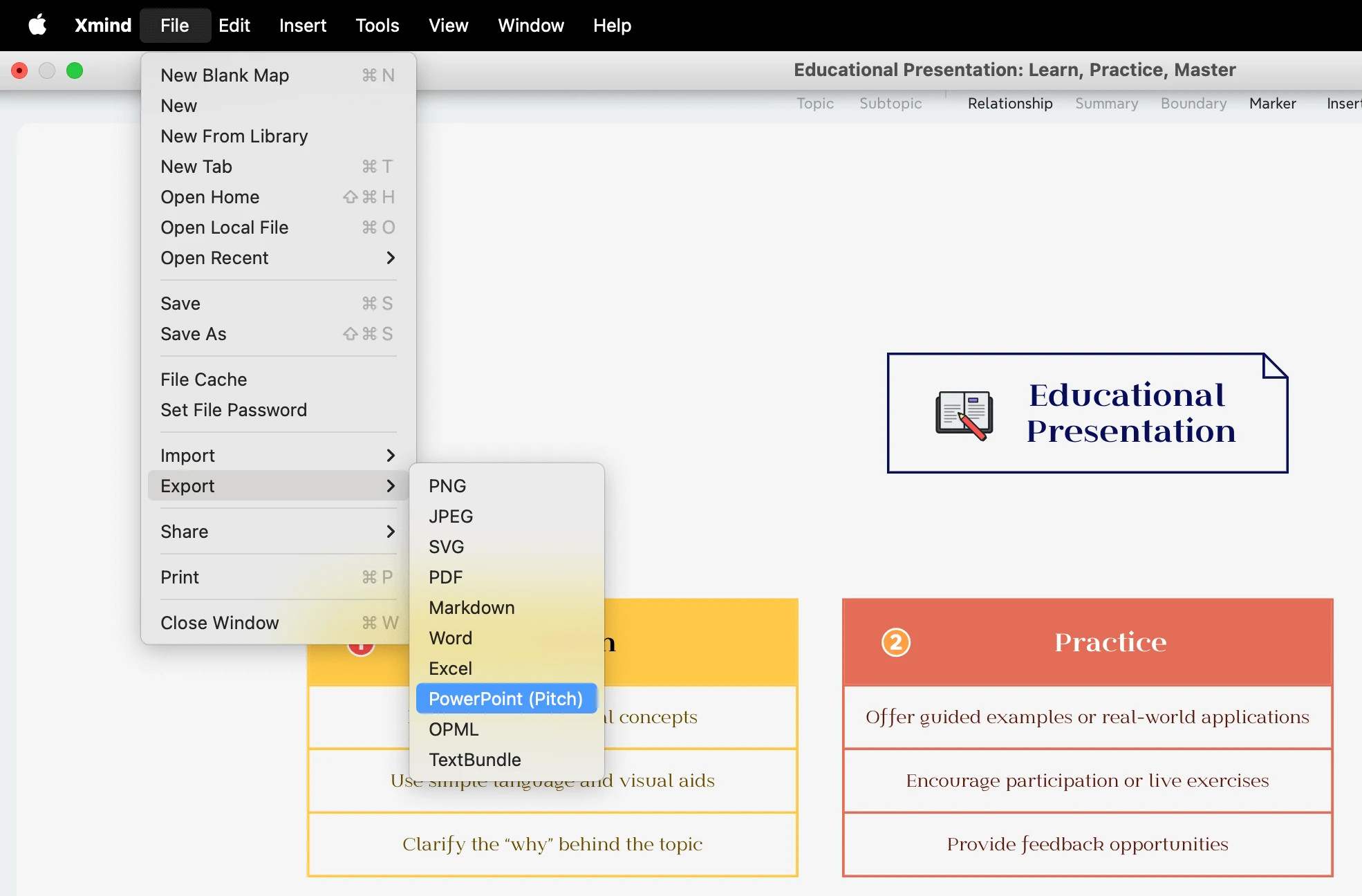 Giao diện Xmind hiển thị menu tệp với các tùy chọn xuất, bao gồm PowerPoint, và dàn ý trình bày giáo dục.