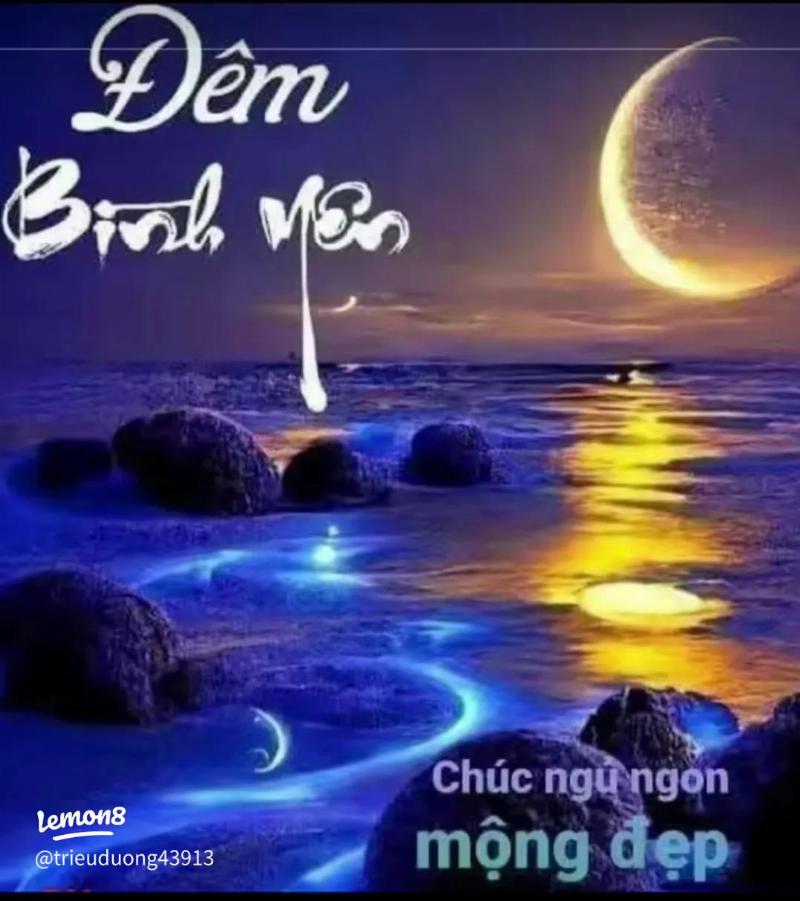 Một bức hình ảnh chúc đêm an lành với vầng trăng khuyết và bầu trời sao lấp lánh