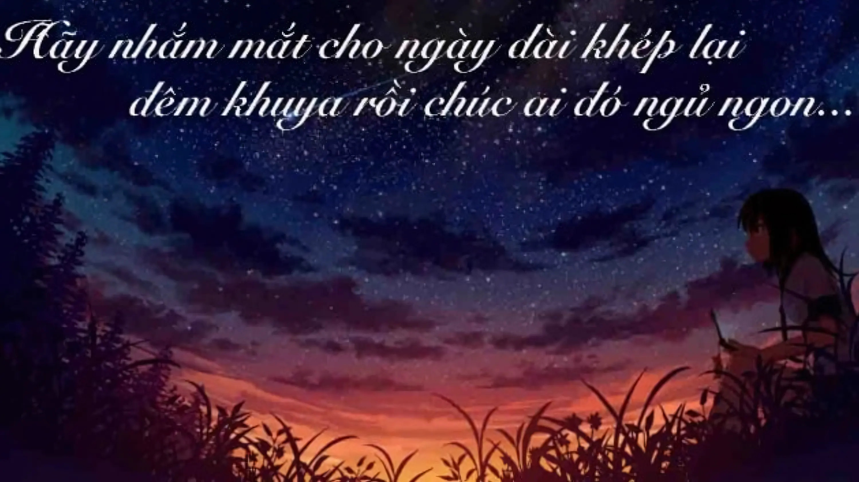 Một cặp đôi đang tựa vào nhau, ngắm nhìn khung cảnh đêm lãng mạn với những ngôi sao và ánh đèn lung linh