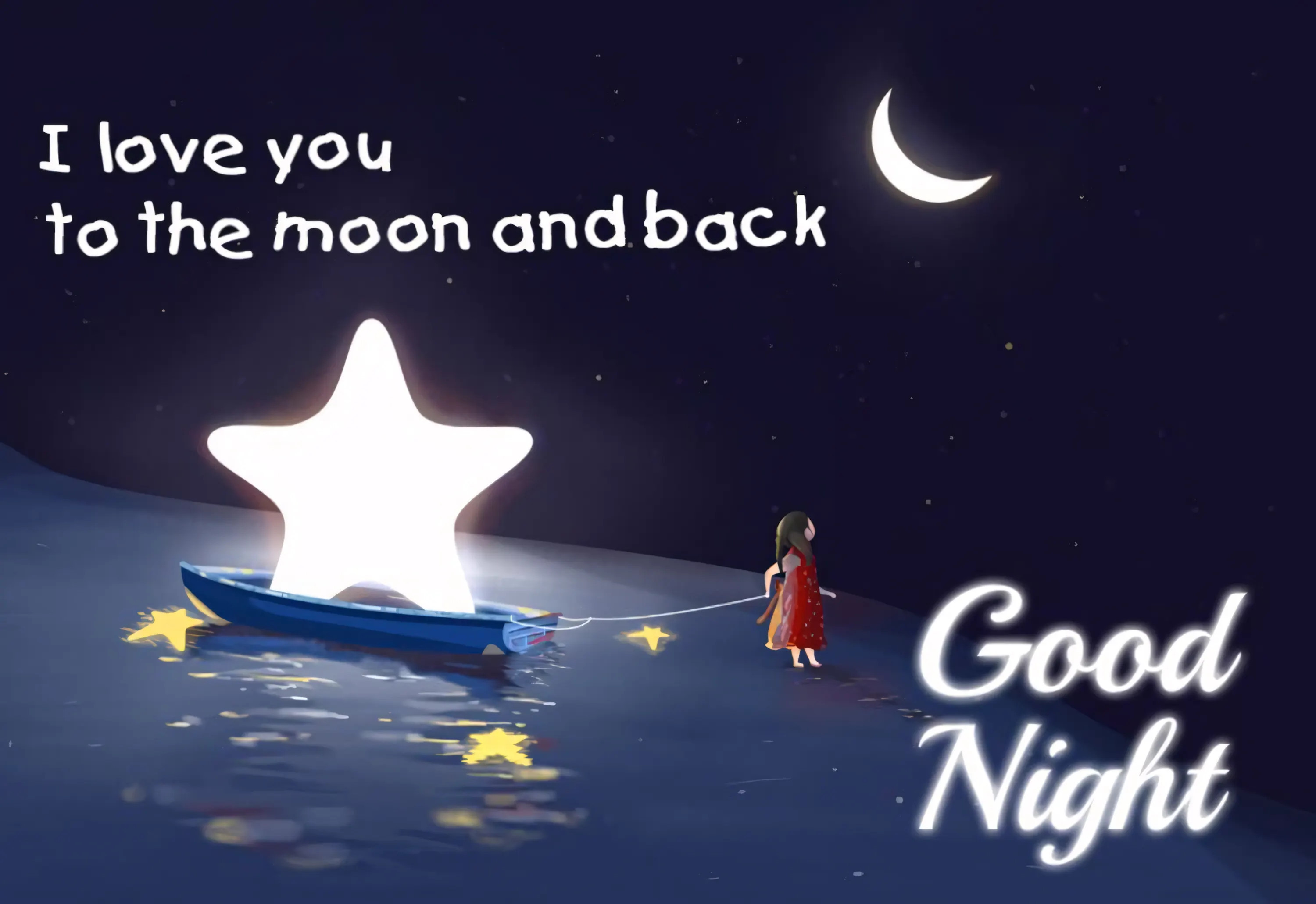Hình ảnh chữ "Good Night" lớn được viết cách điệu, cùng với ngôi sao lấp lánh và ánh trăng dịu dàng