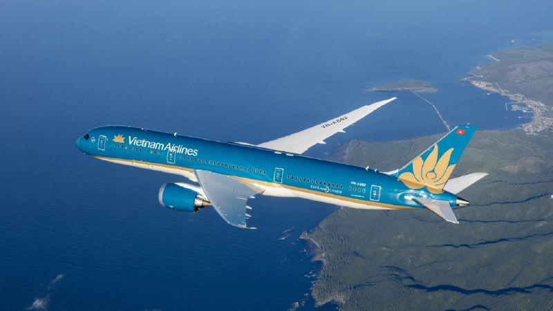 Máy bay Vietnam Airlines cất cánh với biểu tượng hoa sen vàng