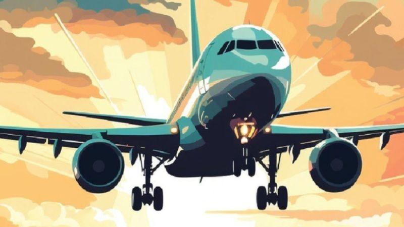 Máy bay thương mại cất cánh trong một cảnh anime