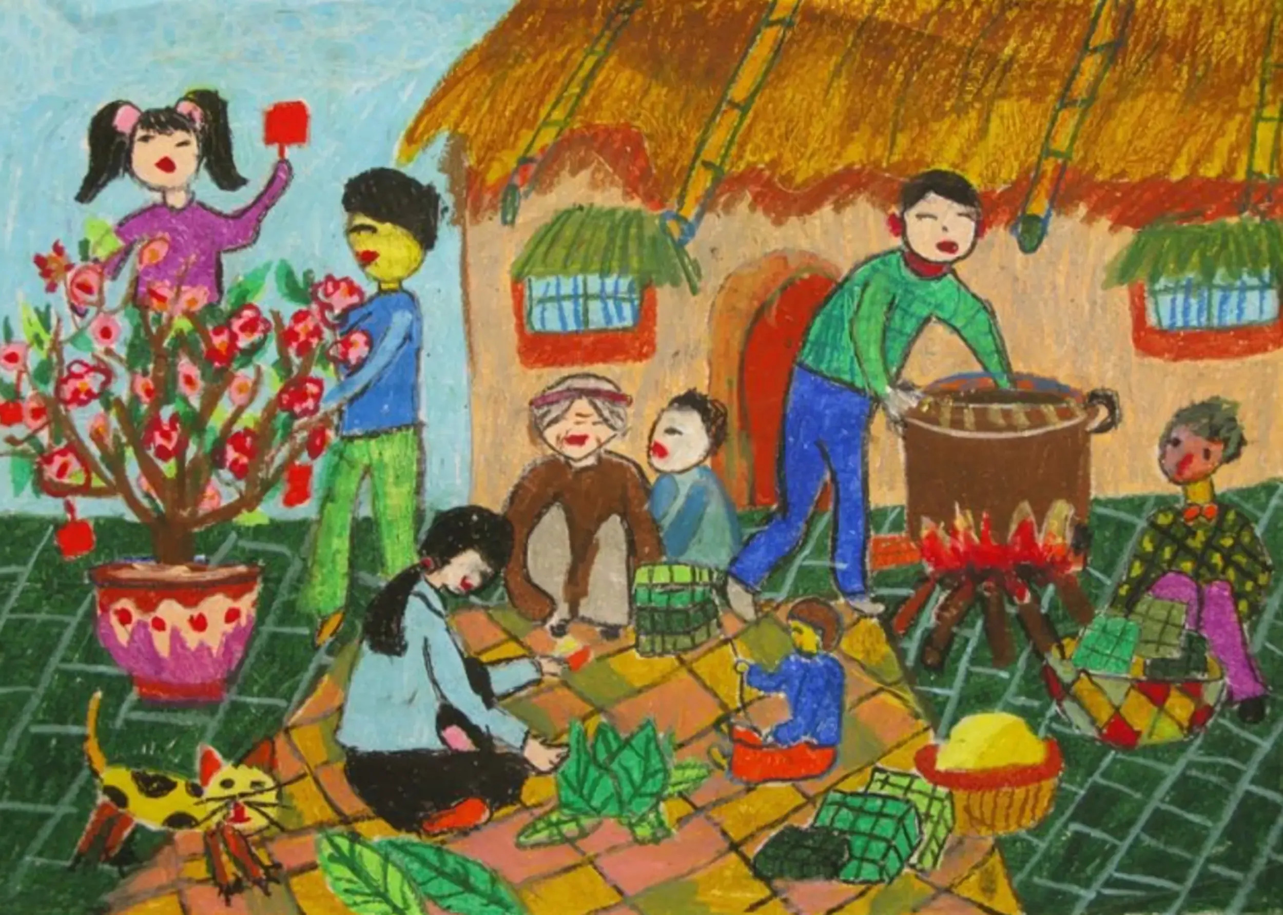 Gia đình quây quần ấm cúng bên mâm cơm ngày Tết truyền thống
