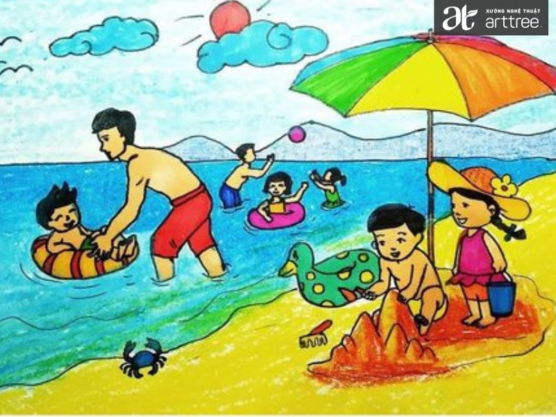 Hoạt động tắm biển và vui chơi trên bãi cát mùa hè