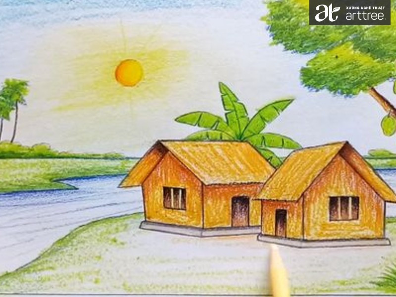 Phong cảnh đồng quê Việt Nam với cánh đồng và mái nhà đơn sơ