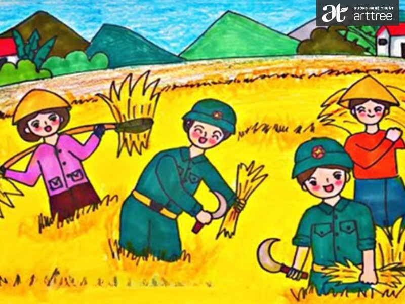 Cảnh các bác nông dân đang gặt lúa trên cánh đồng