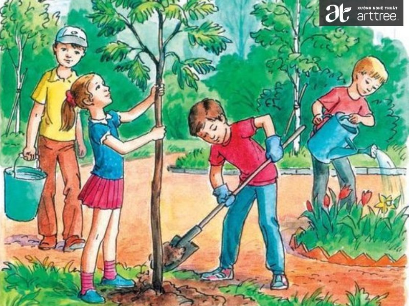 Học sinh đang trồng cây dưới ánh nắng mùa hè