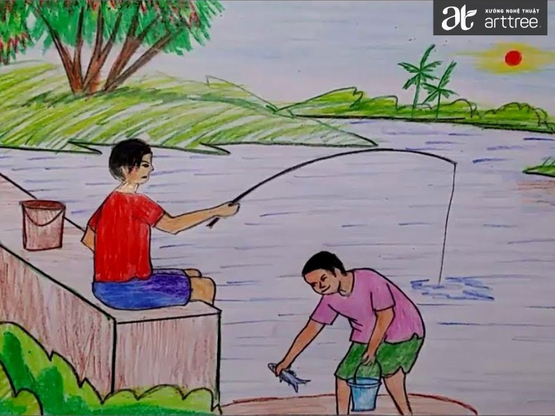 Hình ảnh một người đang câu cá bên hồ nước