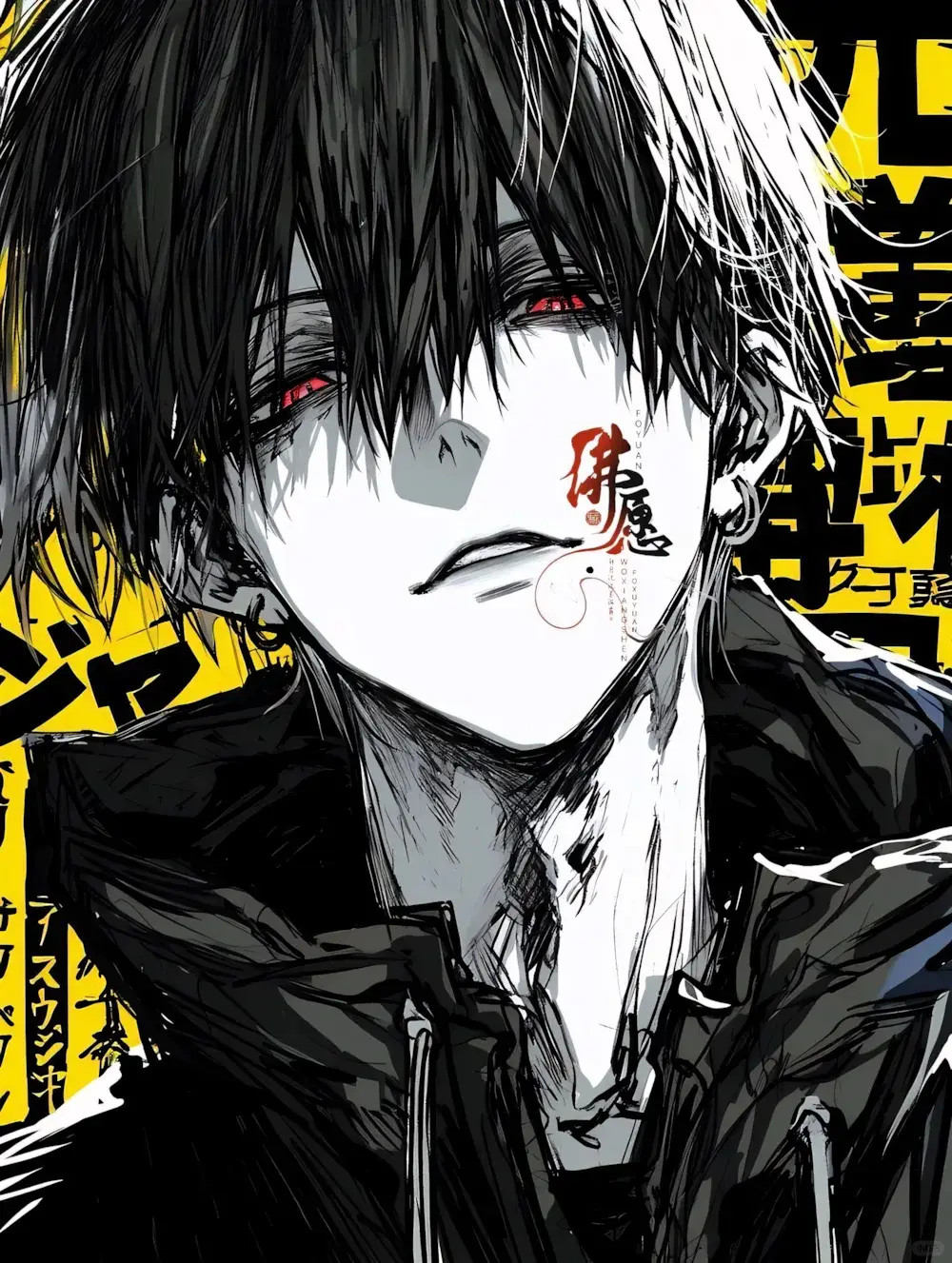 Một chiến binh ác quỷ anime nam với sừng và đôi mắt rực lửa