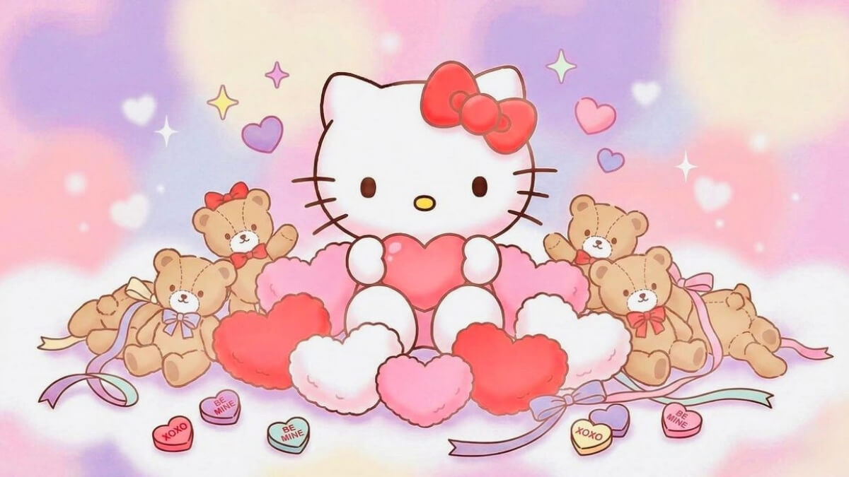 Hello Kitty ôm trái tim lớn giữa những người bạn gấu bông