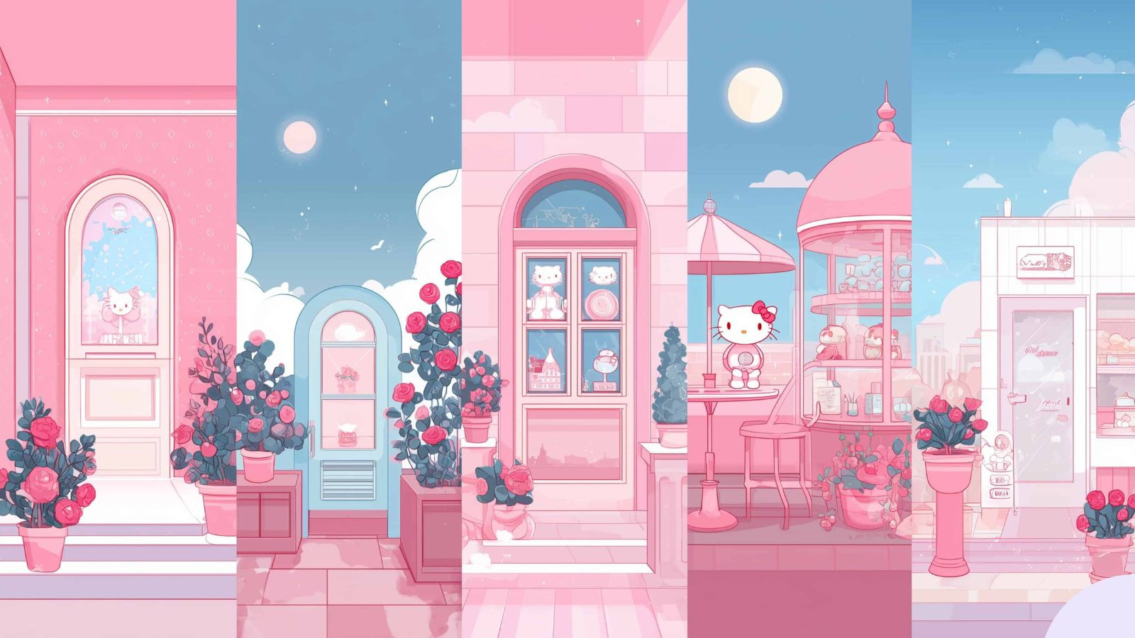 Hello Kitty trong kiến trúc pastel với gam màu hồng chủ đạo