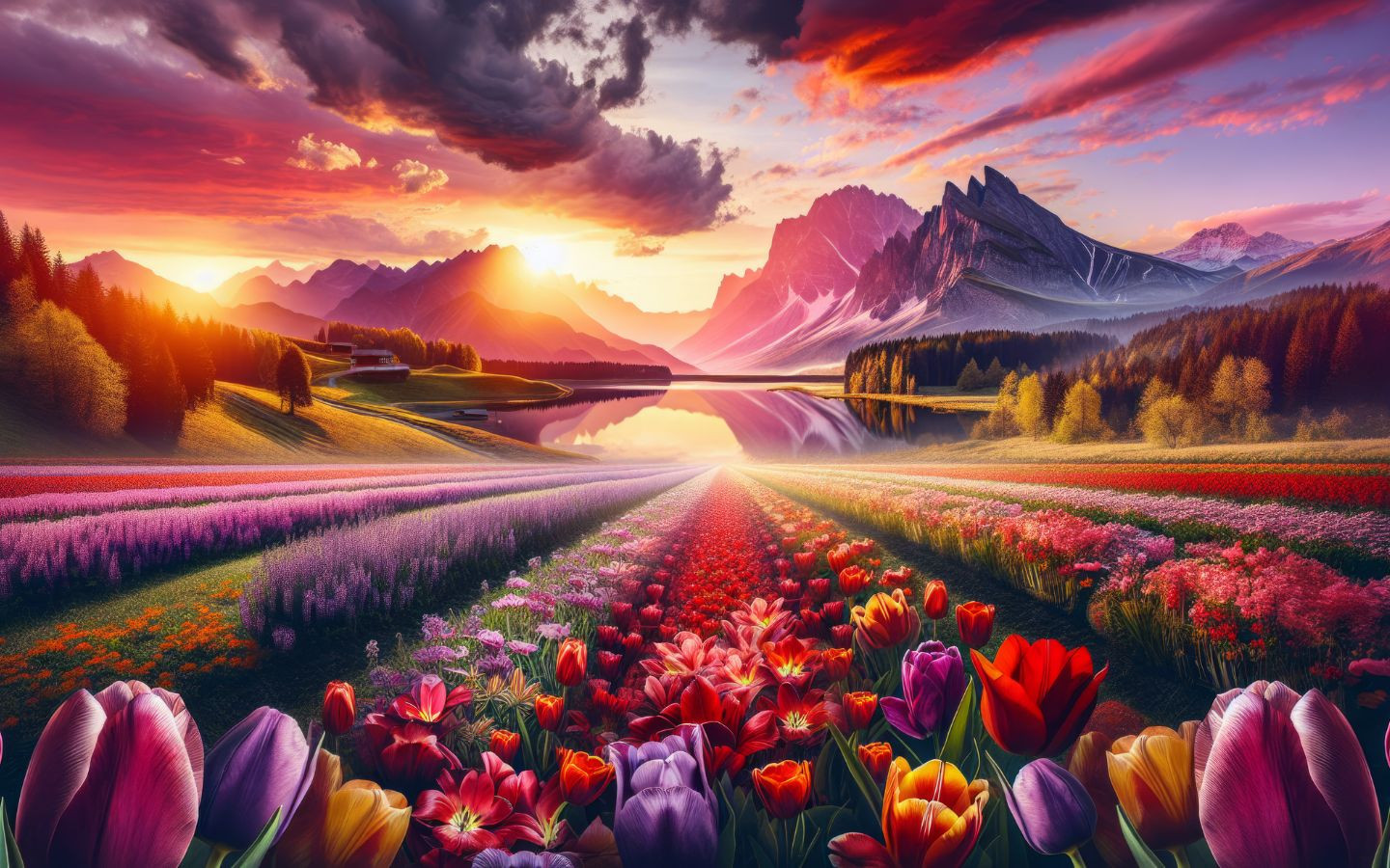Núi non và cánh đồng tulip bình yên