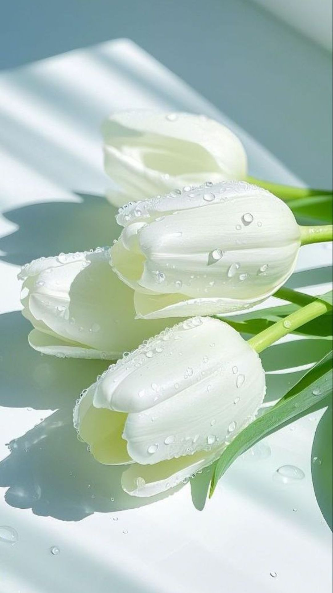 Hoa tulip trắng e ấp sương mai