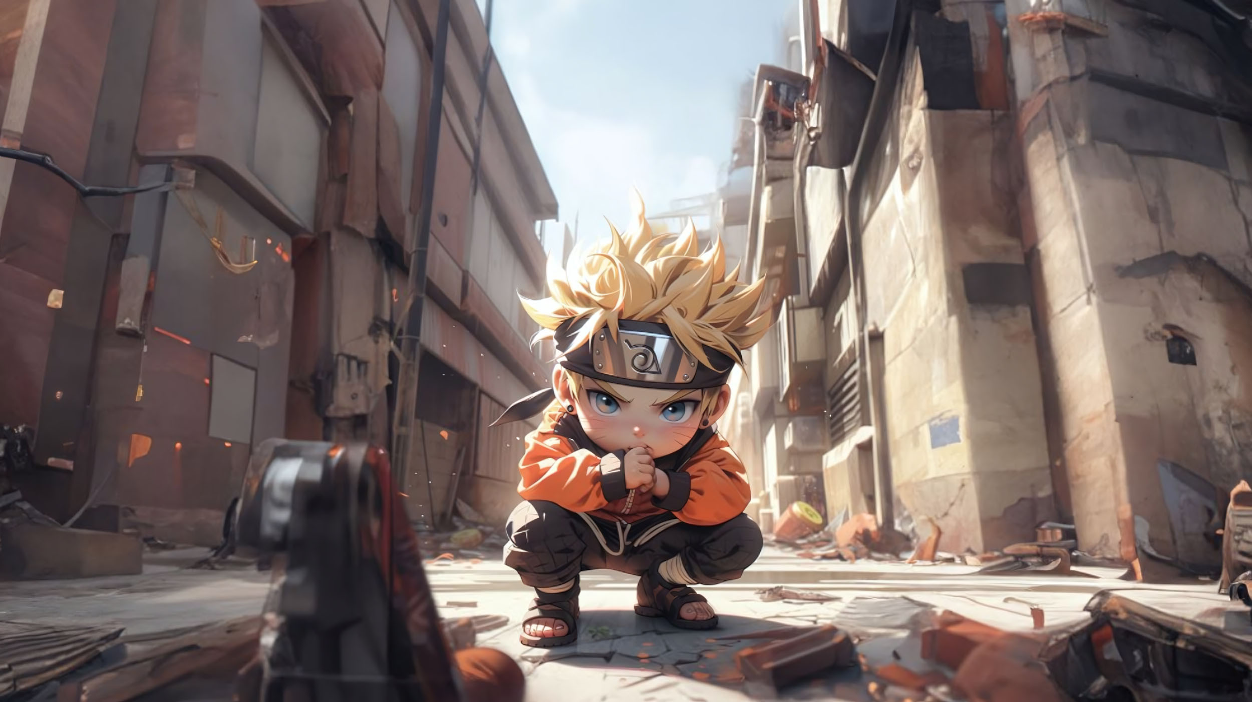 Khung cảnh anime tối giản với bầu trời xanh trong vắt và vài đám mây trắng bồng bềnh