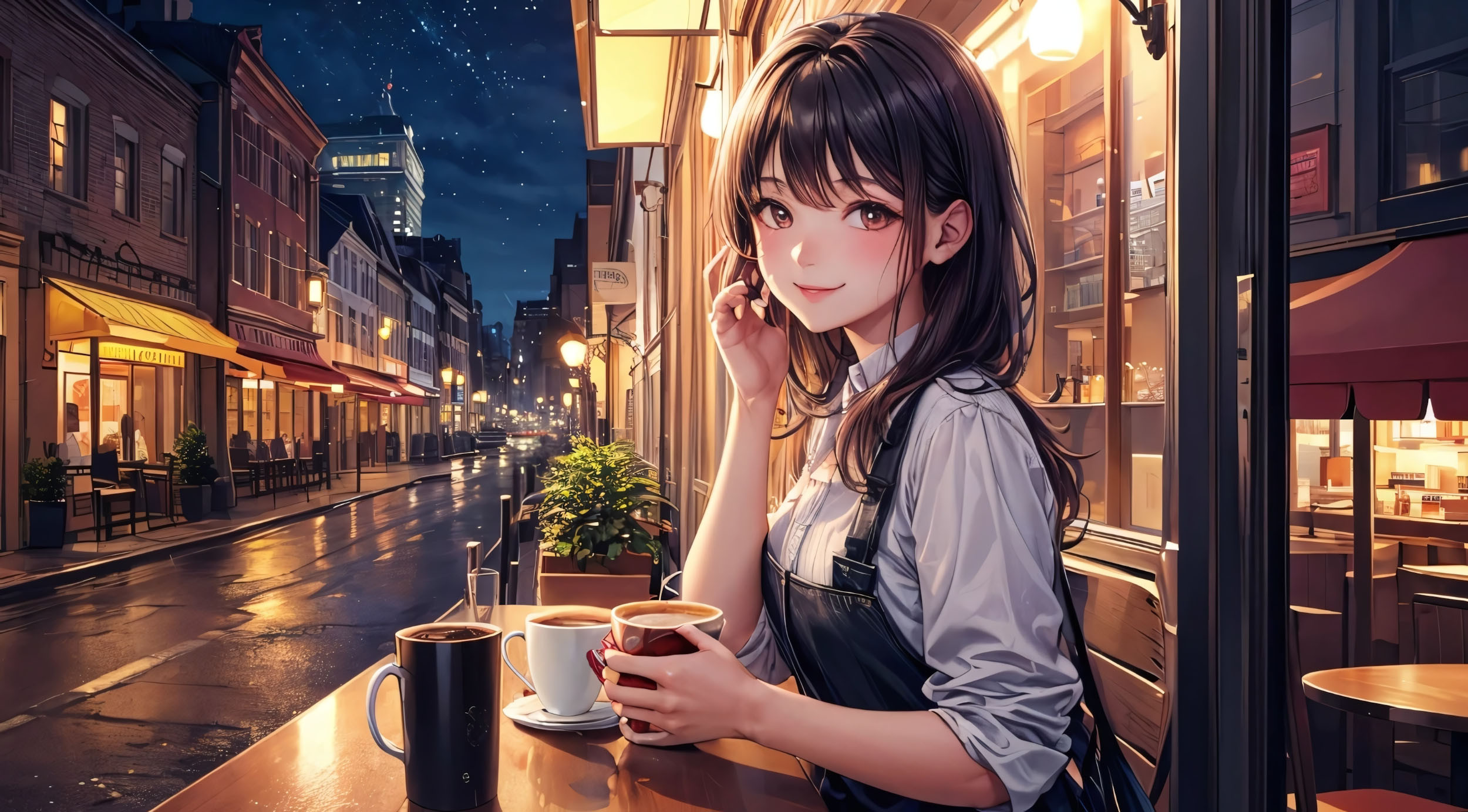 Cảnh một thị trấn nhỏ chìm trong ánh hoàng hôn vàng rực với những rặng mây nhuốm màu tím hồng