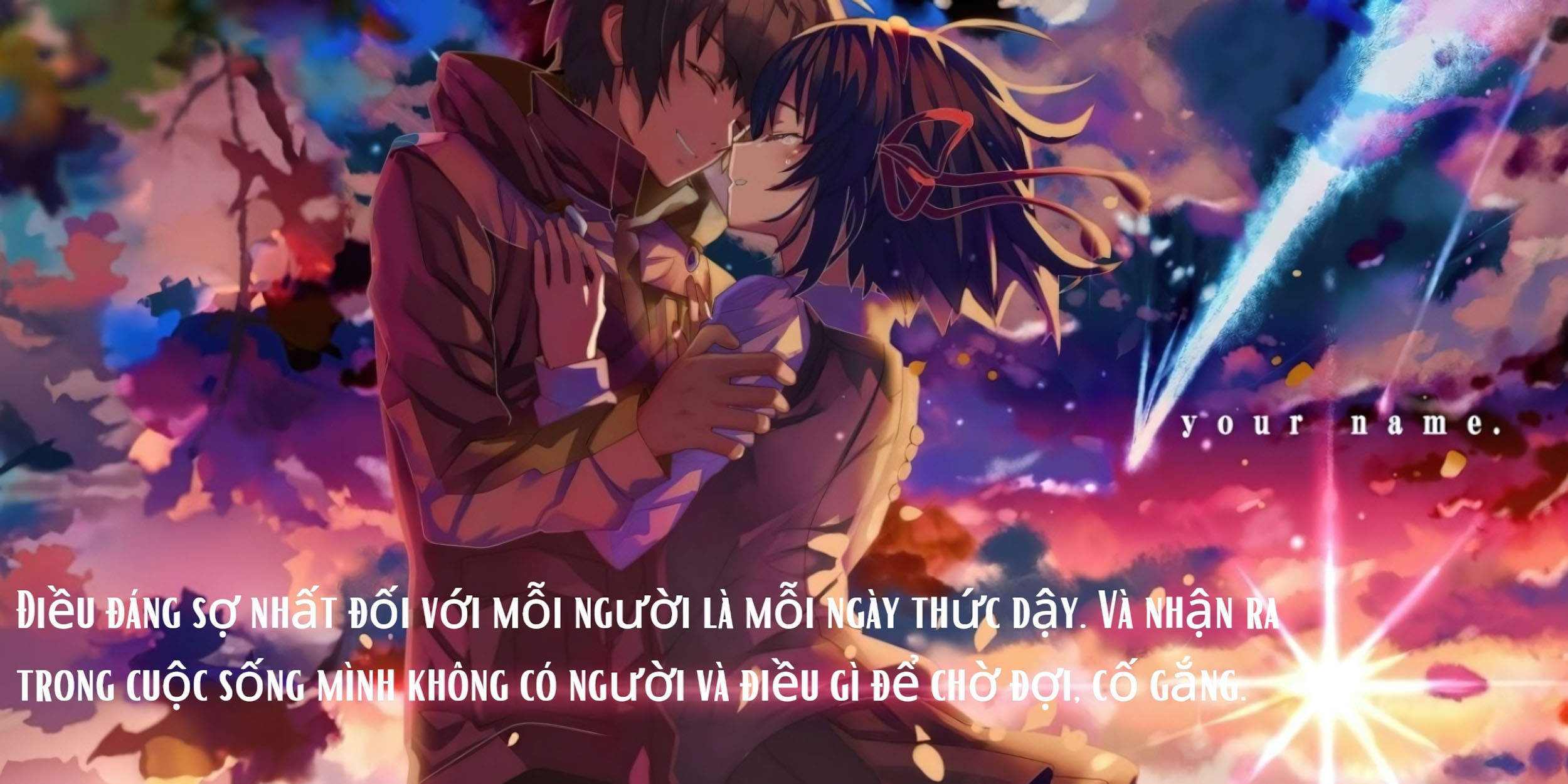 Một khung cảnh anime buồn với dòng chữ tâm trạng được thiết kế tinh tế ở góc màn hình