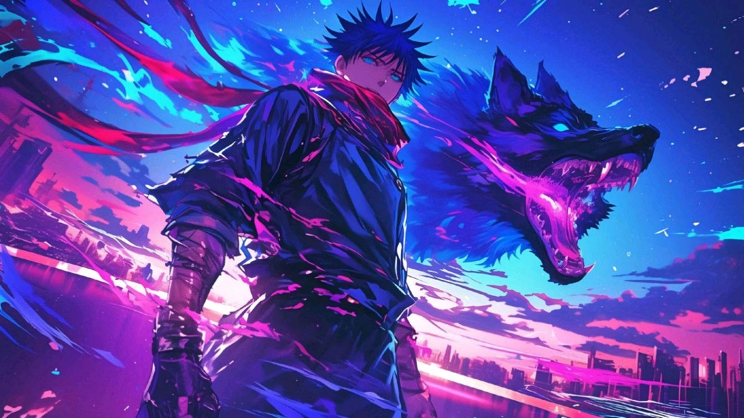 Hình nền máy tính anime nam ác quỷ với vũ khí và ánh sáng rực rỡ