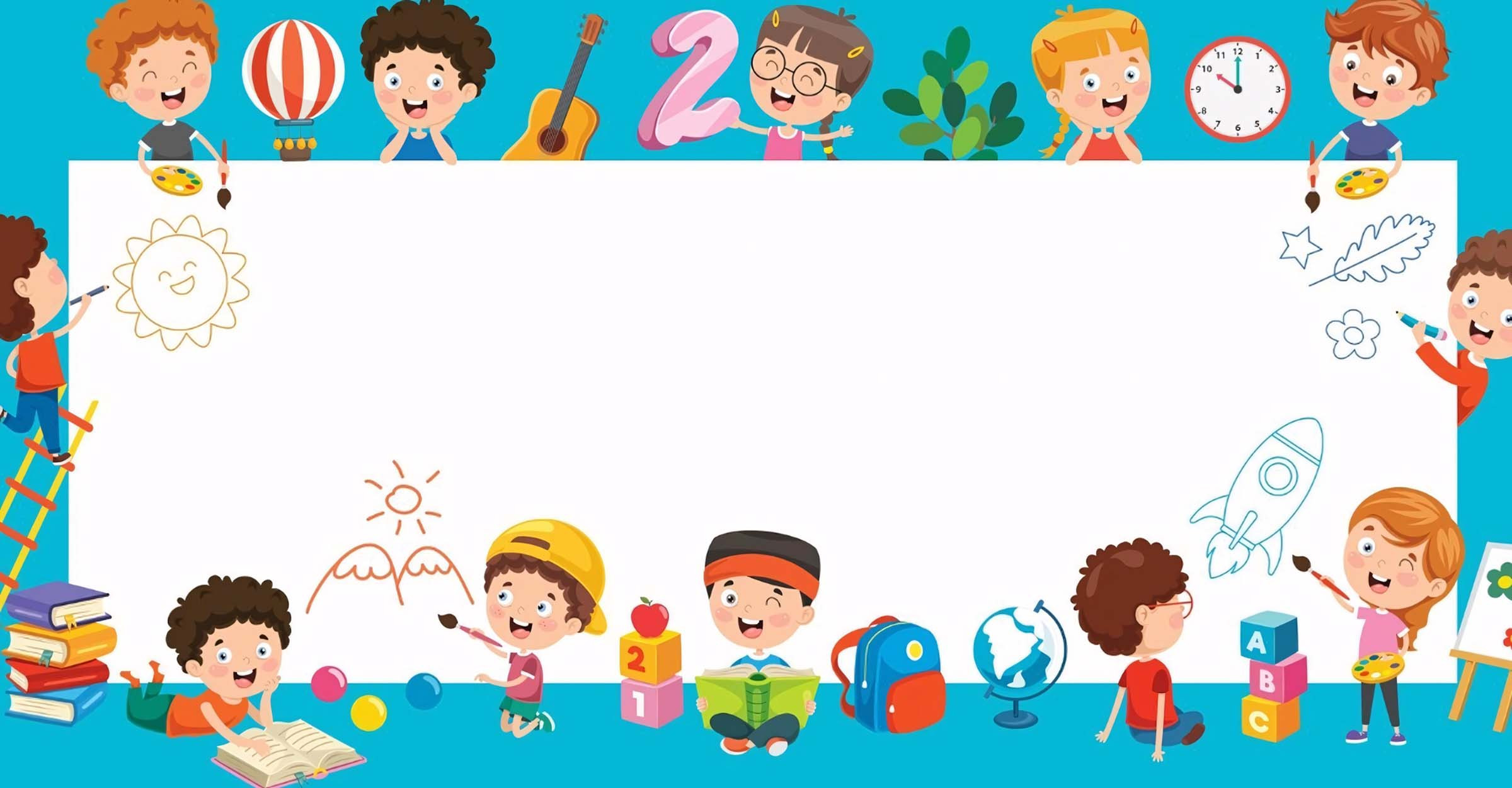 Một nhóm học sinh mầm non đang vui chơi trên nền hình ảnh tươi sáng