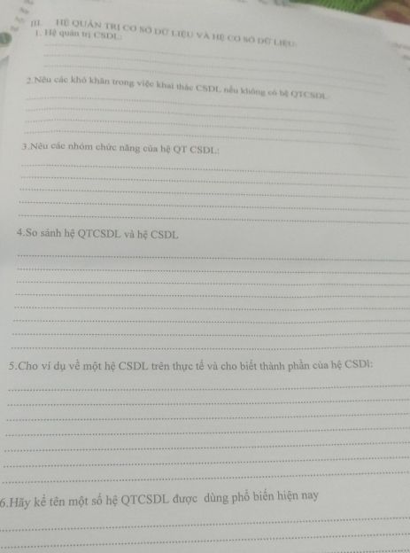 Đề bài các câu hỏi tự luận về hệ quản trị cơ sở dữ liệu và hệ cơ sở dữ liệu