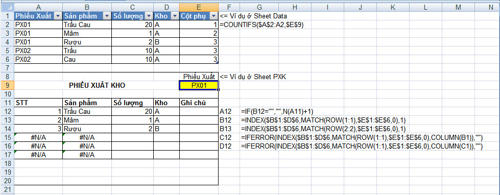 Minh họa ứng dụng INDEX MATCH và COUNTIFS để in phiếu xuất kho với nhiều sản phẩm
