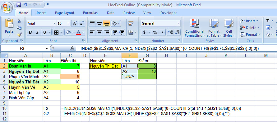 Tìm kiếm và trả về nhiều kết quả với INDEX MATCH kết hợp COUNTIFS