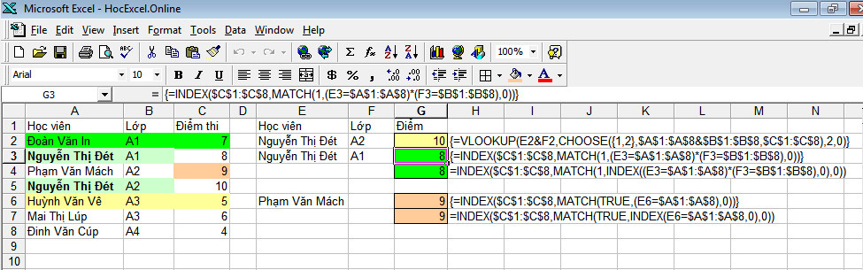 Ví dụ INDEX MATCH tìm kiếm theo nhiều điều kiện, sử dụng công thức mảng