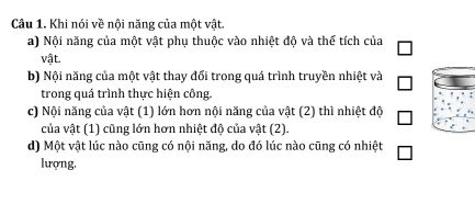 Đề bài trắc nghiệm về nội năng của một vật với bốn phát biểu a, b, c, d
