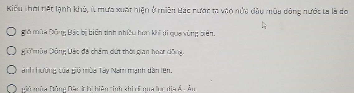 Sơ đồ đường đi của gió mùa Đông Bắc gây kiểu thời tiết lạnh khô, ít mưa ở miền Bắc nửa đầu mùa đông