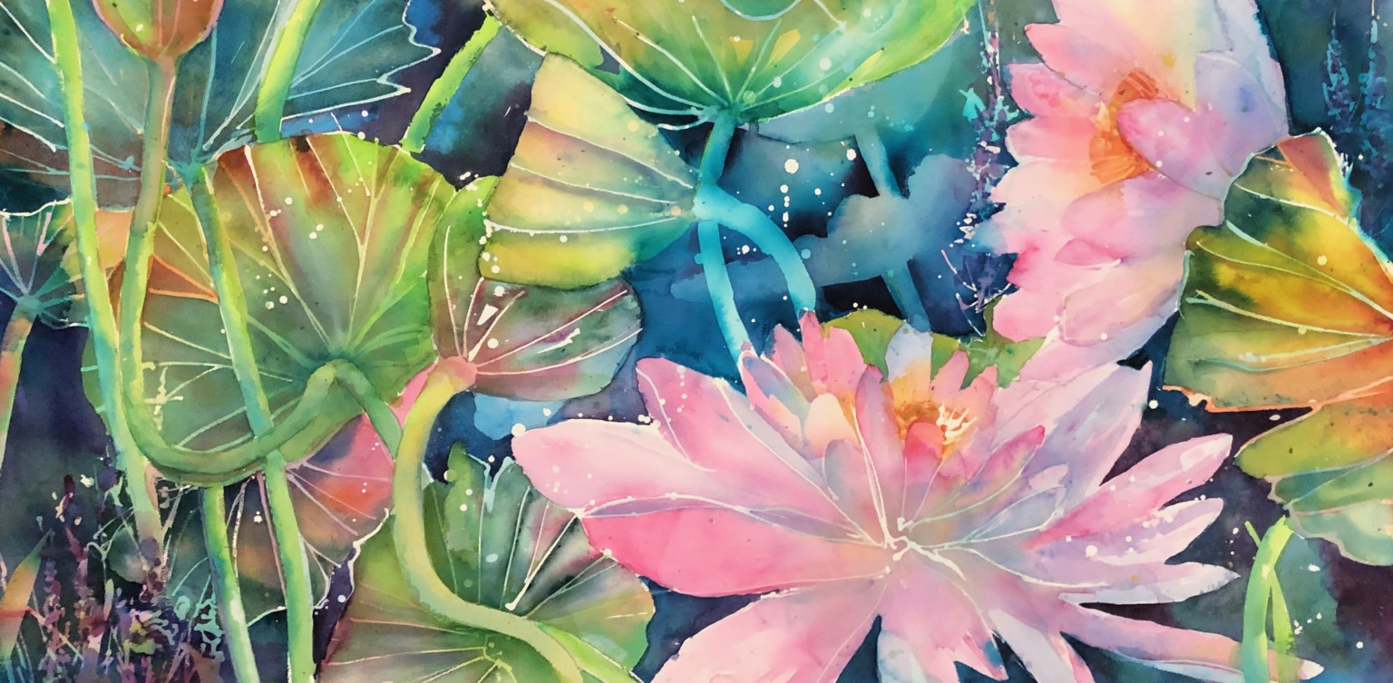 Tác phẩm hoa sen hoàn thiện với kỹ thuật batik màu nước của David Daniels