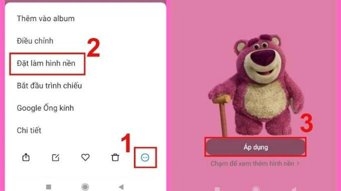 Điện thoại hiển thị giao diện cài đặt hình nền, chọn ảnh Lotso dễ thương