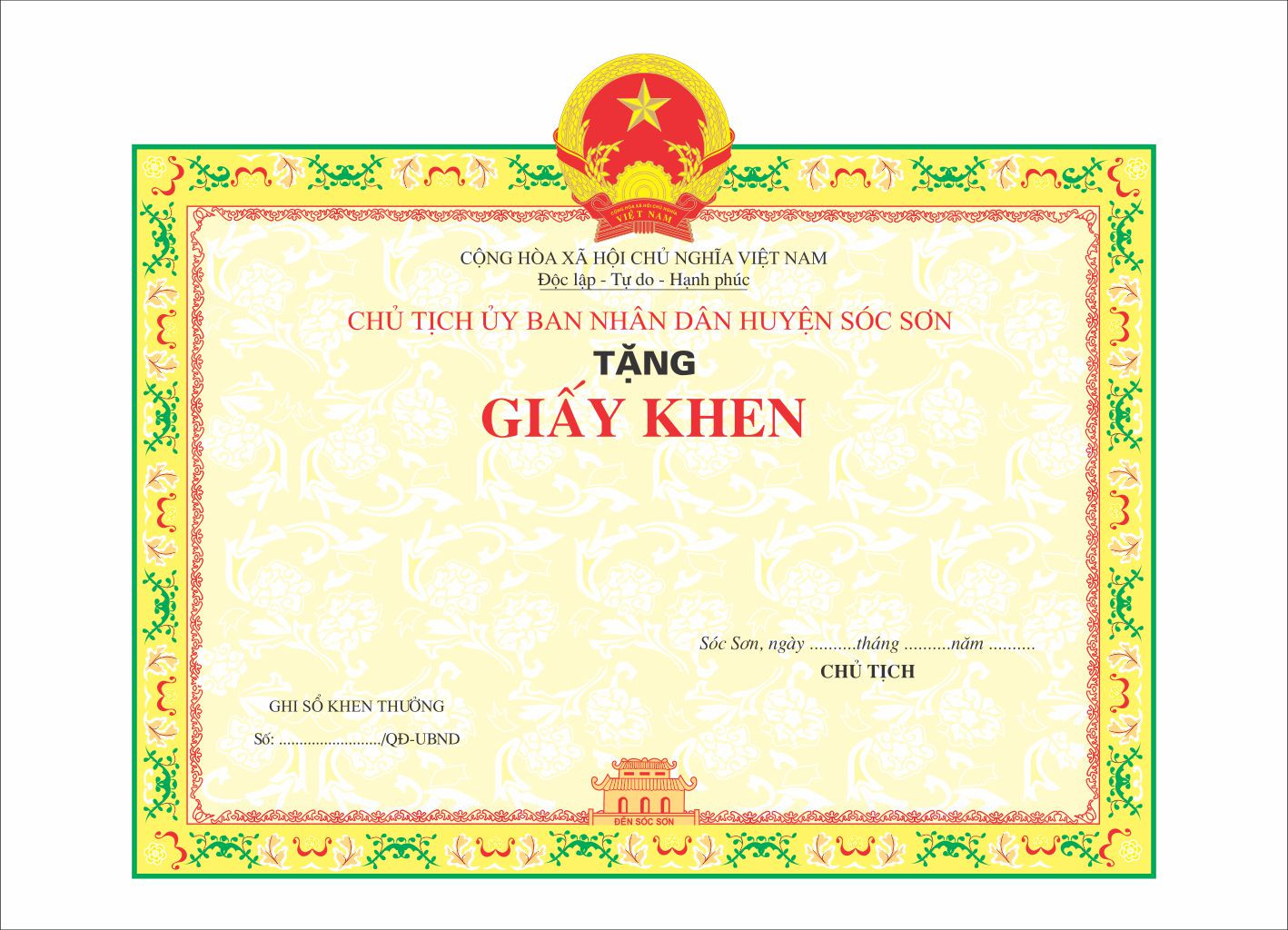 Mẫu giấy khen UBND huyện