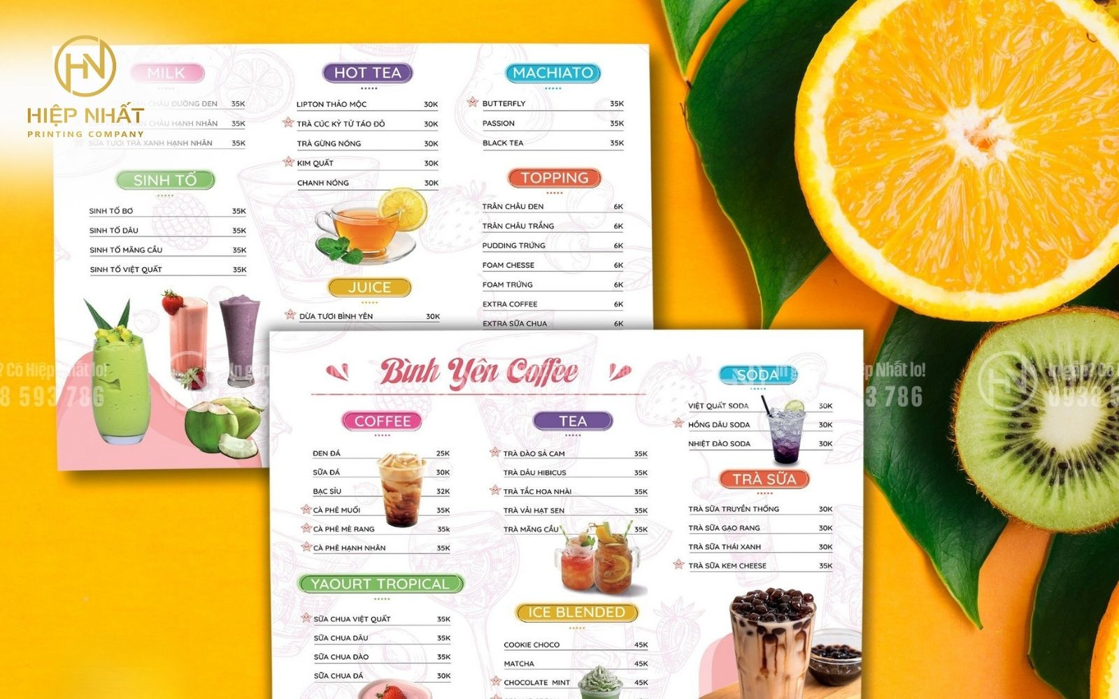 Mẫu menu đồ uống với nền trắng chủ đạo, ảnh minh họa rõ nét