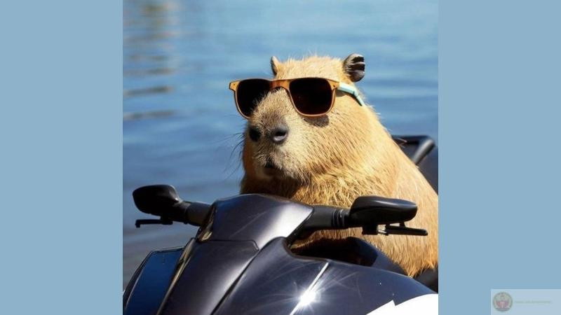 Capybara ngồi ngâm mình trong hồ nước với vẻ mặt thư thái, xung quanh là những giọt nước bắn lên