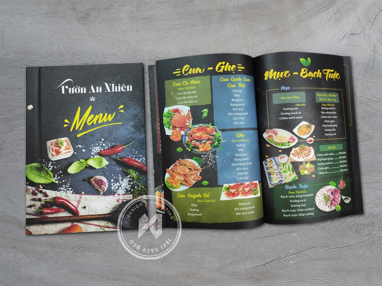 In menu Vườn An Nhiên – Menu bìa cứng