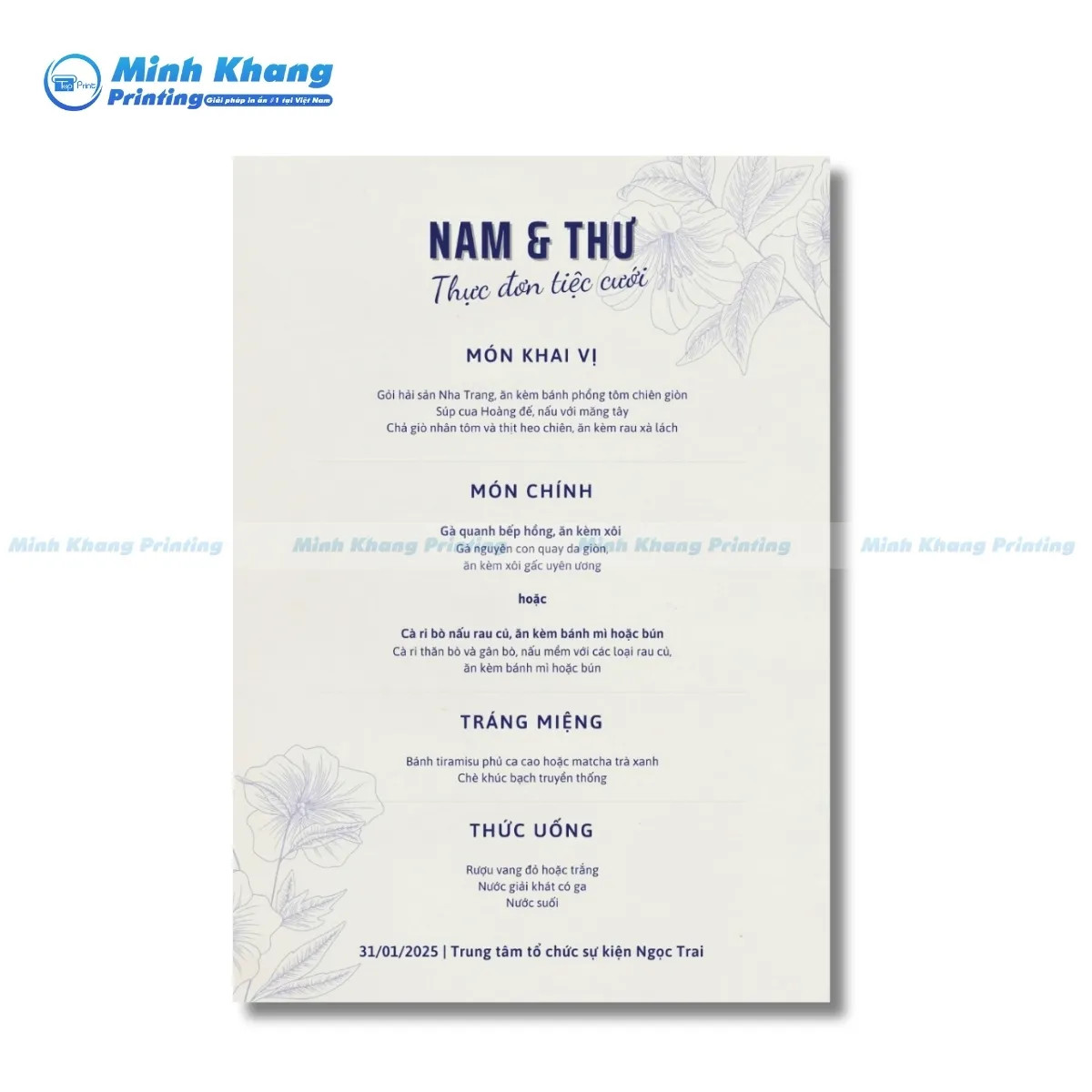 Thực đơn đám cưới màu be phong cách Châu Âu in kỹ thuật số