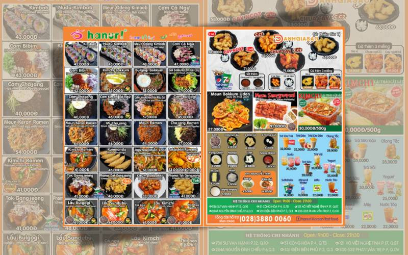 Menu tập trung vào tất cả món ăn của nhà hàng Hanuri