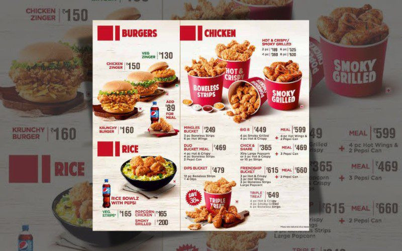 Menu KFC màu đỏ - trắng nổi bật, thu hút