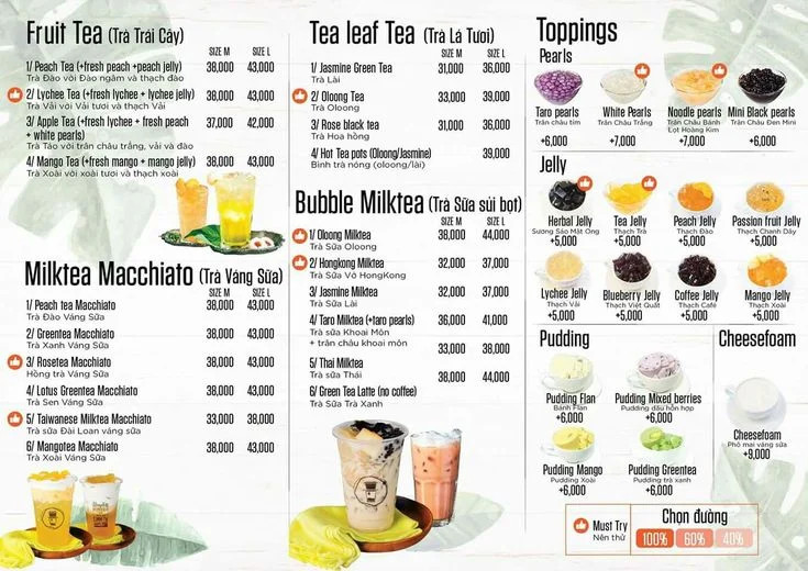 Menu trà sữa thiết kế bố cục rõ ràng, đa dạng món