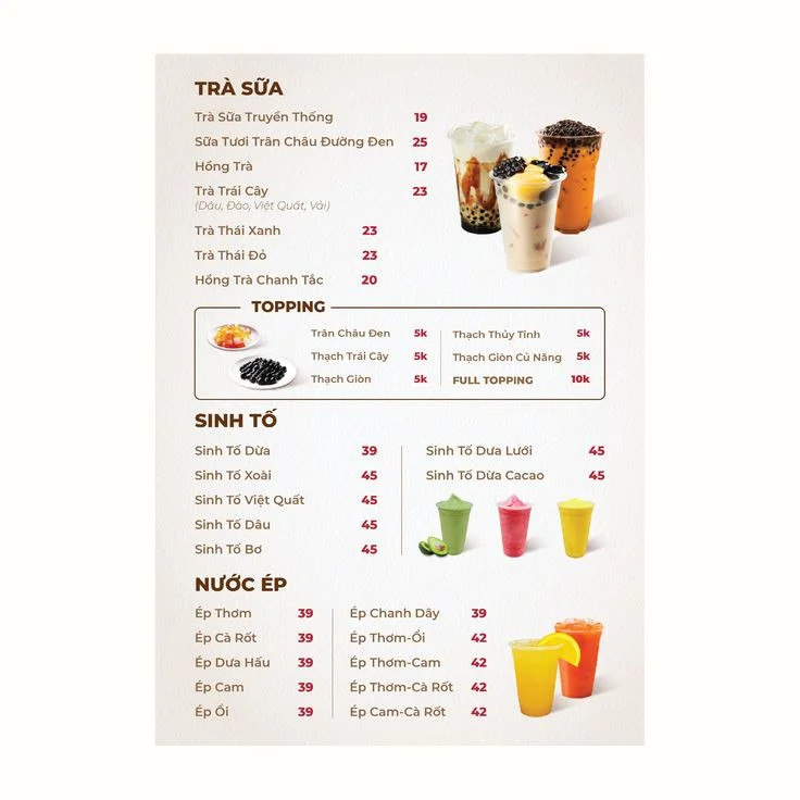 Menu trà sữa với topping hấp dẫn và giá cả rõ ràng