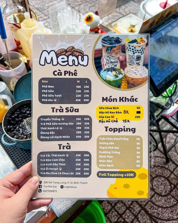Menu quán trà sữa phong cách take away