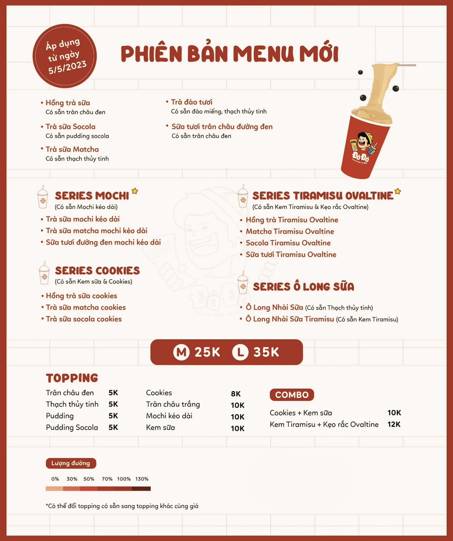 Menu quán trà sữa Đô Đô tông đỏ rực rỡ