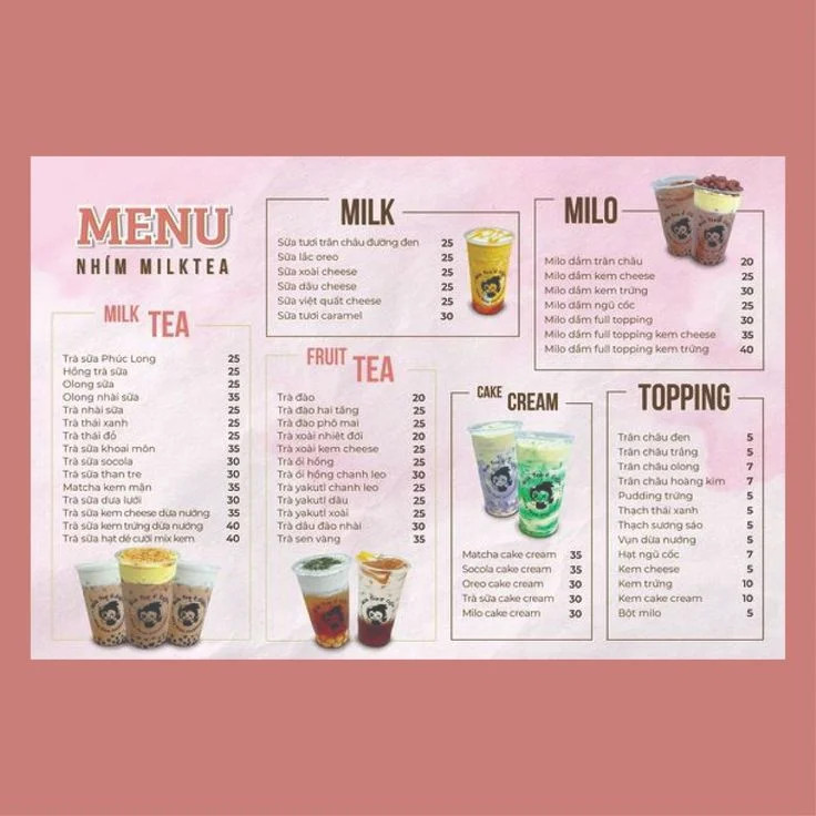 Mẫu menu cho quán trà sữa, ăn vặt với tông màu hồng đáng yêu