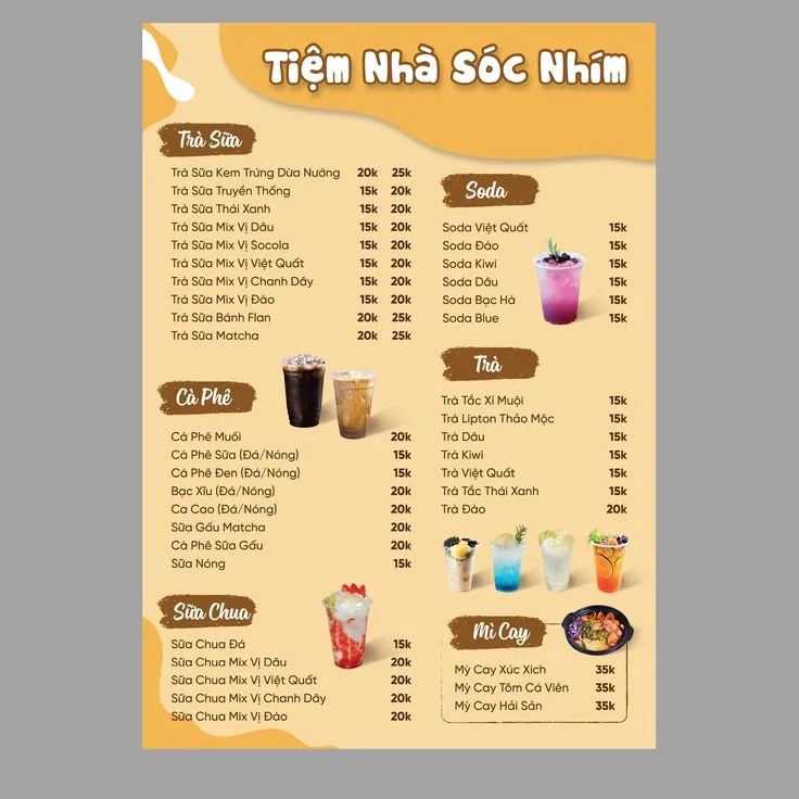 Menu quán trà sữa ăn vặt phong cách đơn giản nhưng dễ nhìn