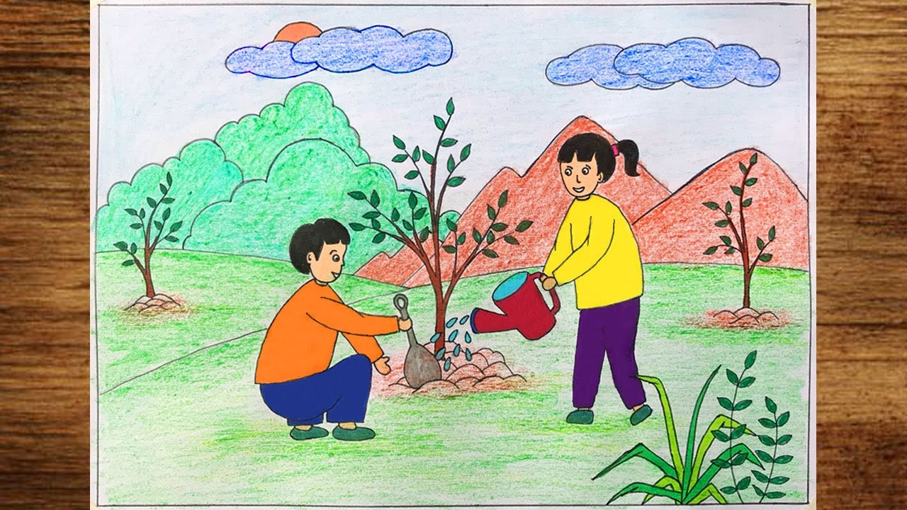Cảnh các bạn nhỏ cùng nhau trồng cây xanh, vun đất và tưới nước cho mầm non mới nảy mầm